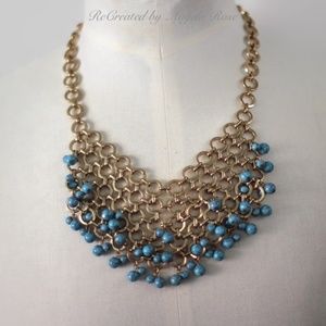 21 1/2” Turquoise Beaded Statement Necklace Gold Tone